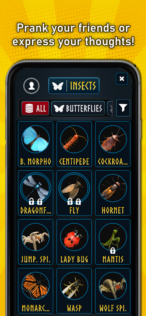 Menu screen showing a grid of 3D insect models including butterflies, spiders, and beetles in the Eugene AR Wiki app