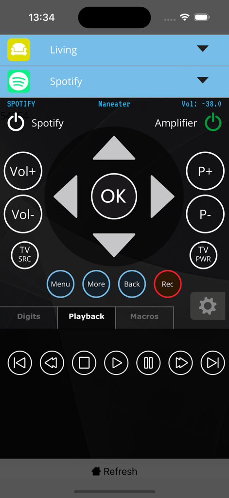MyURemote - Universal Remote - MyURemote app interface showing Spotify playback and amplifier controls for a living room setup.
