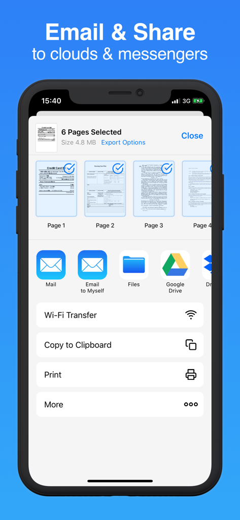 Document Scanner · Scan to PDF - スキャンされたPDFドキュメントをメールで送信したり、クラウドサービスに共有したりするオプションを示すiPhoneインターフェイス。