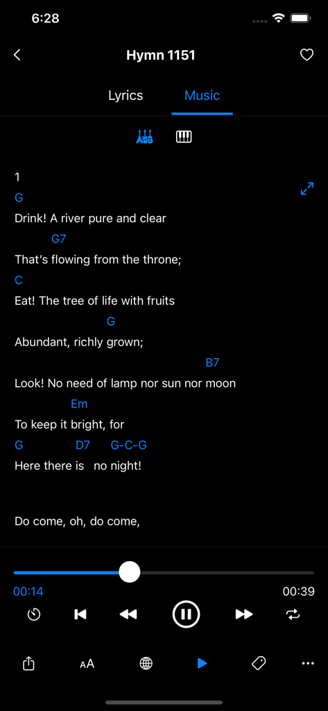 Hymns Mobile - Hymns Mobile app interface displaying a hymn with guitar chords and a music player