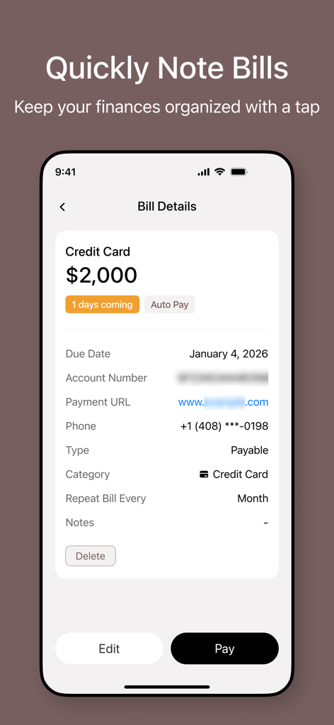 Bills Organizer App - Detailed view of a credit card bill within the Bills Organizer app showing amount due and payment details.