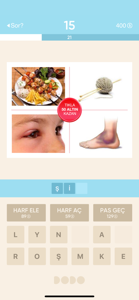 Resimli Kelime Bulmaca - Gameplay screen of Resimli Kelime Bulmaca showing a word puzzle with four images and letter grid