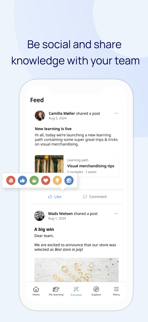 Learningbank - A mobile interface of the Learningbank app showing a social feed where team members share training updates and celebrate store successes with emoji reactions.