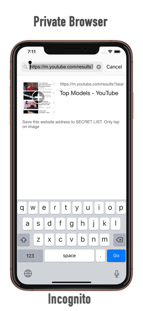 Private Browser - Secret Pages - Private Browser interface on iPhone showing the secret list saving feature in incognito mode.