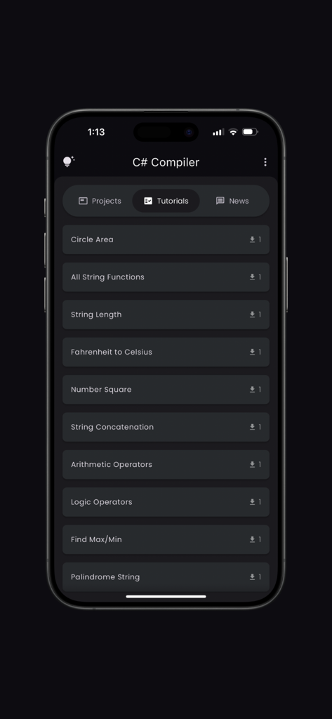 C# Compiler - C# Compiler mobile app showing a list of coding tutorials including string functions and arithmetic operators