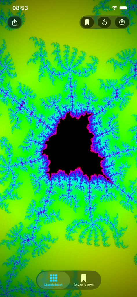Mandel-Zoom - Interface of the Mandel-Zoom app showing a vibrant green and blue fractal pattern