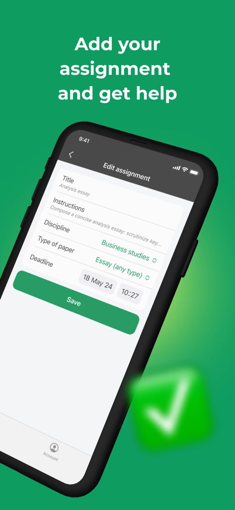 College Essay Writing Help - Eine mobile Benutzeroberfläche zum Hinzufügen von Aufgabendetails wie Titel, Fach und Frist in der College Essay Writing Help App.