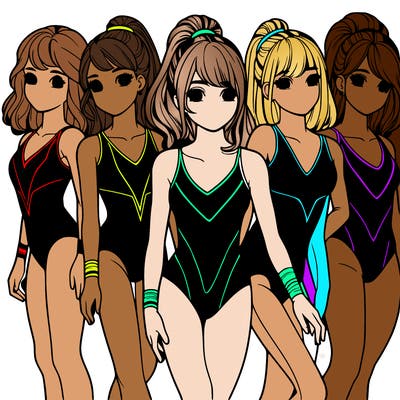 group of girls realistic in gymnastic leotards