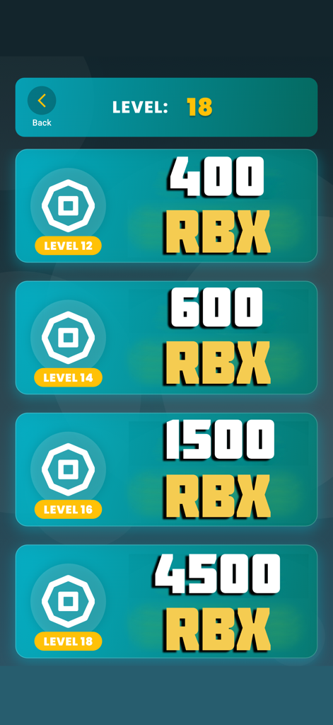 Robux Winner Quiz interface displaying RBX rewards for reaching specific milestones
