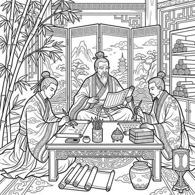 Discover the world of ancient Chinese scholars with this beautifully detailed coloring page. Bring to life a scene of learning and tradition, perfect for history enthusiasts and aspiring artists.