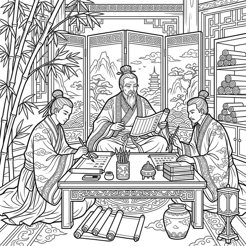 Discover the world of ancient Chinese scholars with this beautifully detailed coloring page. Bring to life a scene of learning and tradition, perfect for history enthusiasts and aspiring artists.