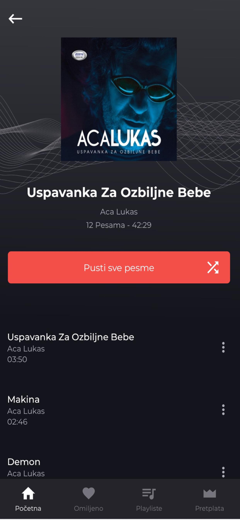 Balkan myusic - Balkan myusicアプリのインターフェース。Aca Lukasのアルバム詳細とトラックリストが表示されています。