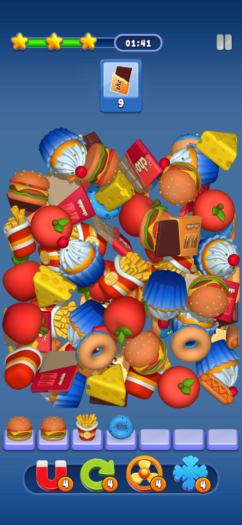 Match Manor - A 3D object matching puzzle level in Match Manor featuring various food items like burgers, donuts, and cupcakes