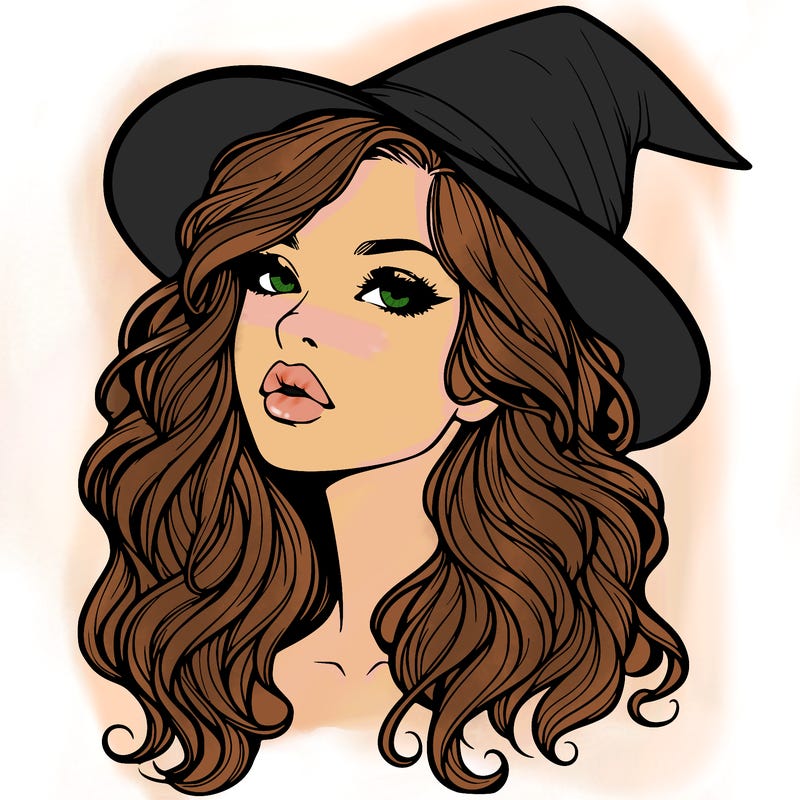 realistic witch girl with wavy hair and lips