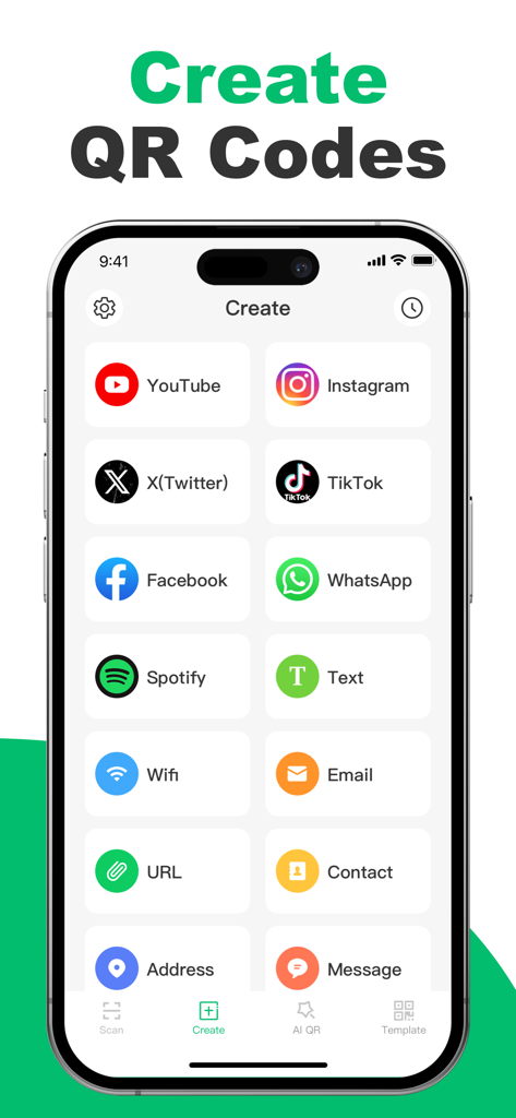 Easy QR Scan - Barcode Scanner - Interfaz de usuario de la aplicación Easy QR Scan que muestra opciones para crear códigos QR para redes sociales e información de contacto personal.