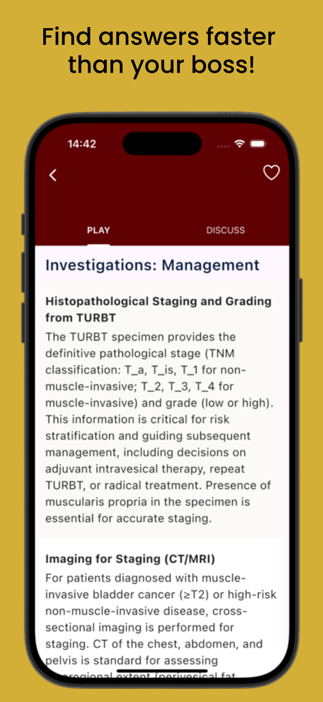 Explain Medicine - Explain Medicine app screen showing clinical investigations and staging management information