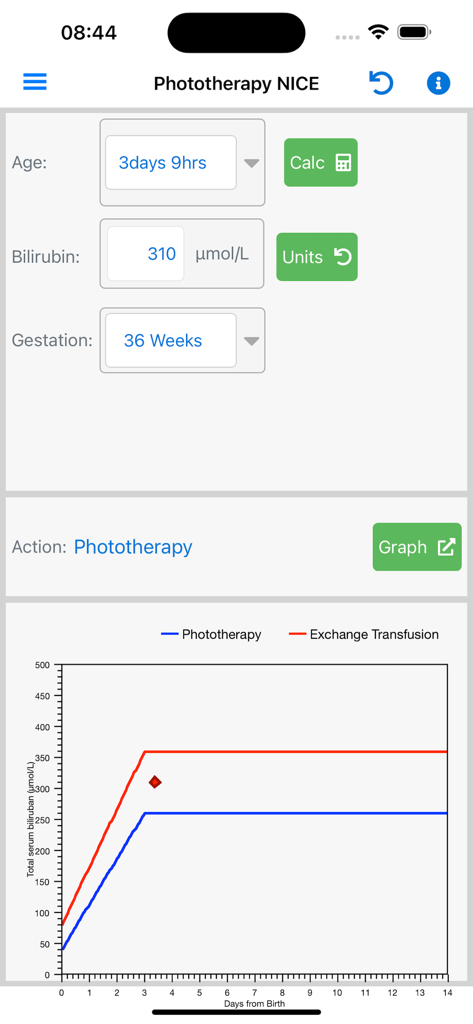 Phototherapy - Interfaccia clinica dell'app Fototerapia che mostra un calcolatore di bilirubina e un grafico delle soglie di trattamento.
