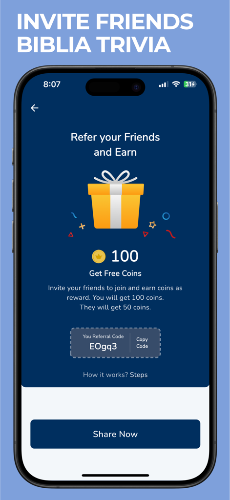 Biblia Trivia | Bible Quiz App - Pantalla de referencia en la aplicación Biblia Trivia que muestra una recompensa de cien monedas gratis por invitar amigos