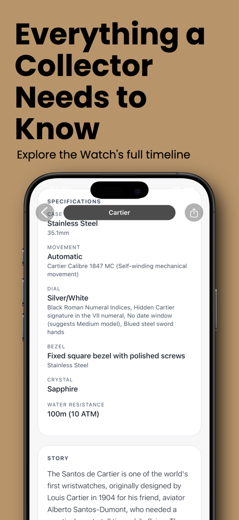 Horo ID - Watch Identifier - Horo ID app screen showing detailed technical specifications and history for a Cartier watch