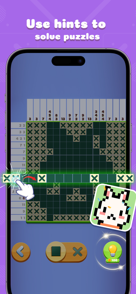 Nonogram - Jigsaw Number Game - Mobile screen showing a nonogram logic puzzle grid with a hint being used to reveal part of a pixel art bunny