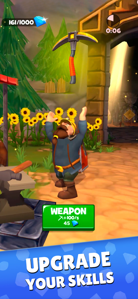 Mine & Slash: Arcade RPG Games - Miner celebrating a weapon upgrade in Mine and Slash RPG