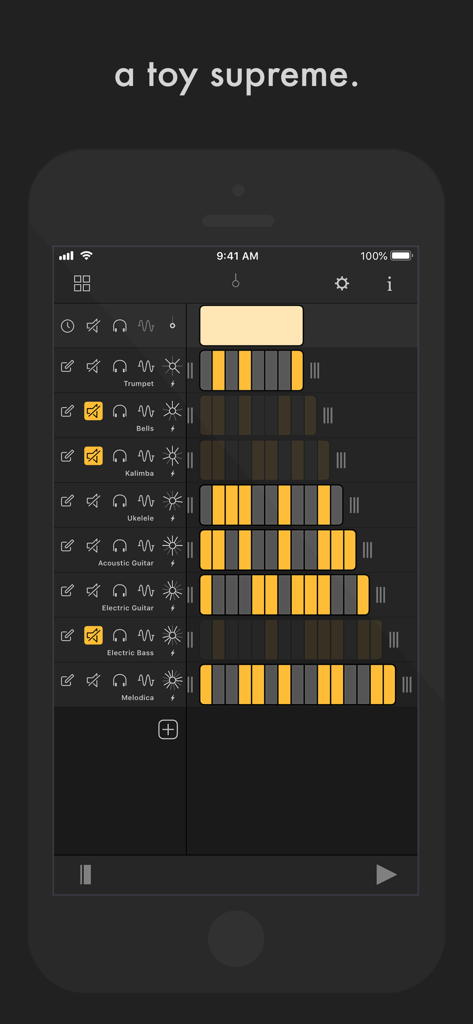 A minimalist grid-based music sequencer interface in the sonogrid app showing multiple instrument tracks and rhythmic patterns