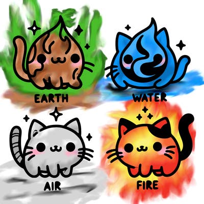 4 cats that represent the different elements, earth, water, air, and fire