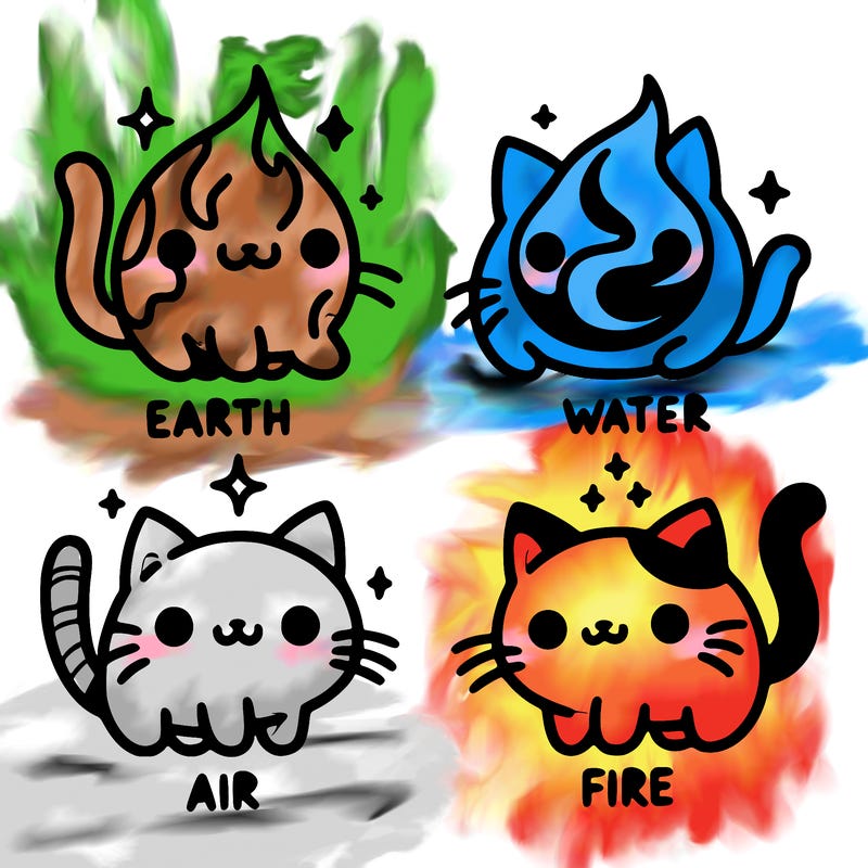 4 cats that represent the different elements, earth, water, air, and fire