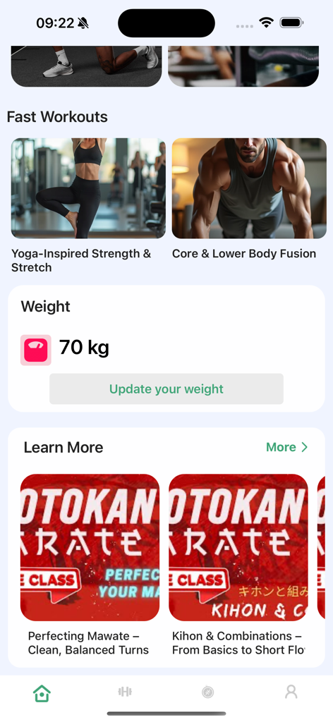 Learn Karate Mastery At Home - Learn Karate Mastery app interface showing fitness workouts, weight tracking, and Shotokan Karate classes
