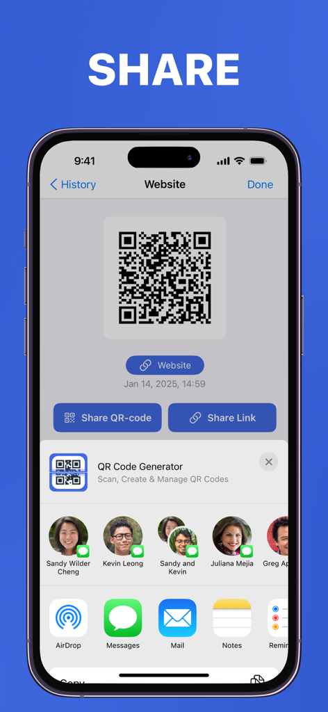 QR Code Generator & Makerㅤ - iPhone screen showing options to share a generated website QR code via message or email