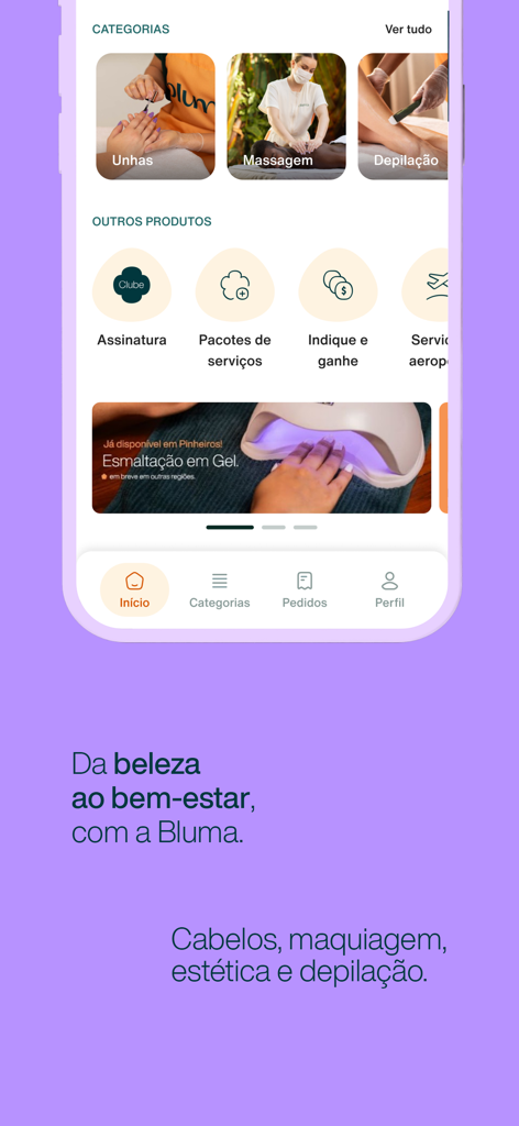 Pantalla de inicio de la aplicación Bluma que muestra categorías de servicios de belleza y bienestar, incluyendo uñas y masajes