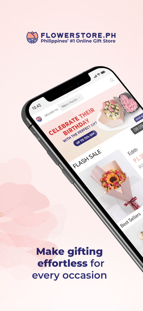 FlowerStore.ph mobile app showing birthday flower arrangements and gifts for delivery in the Philippines.