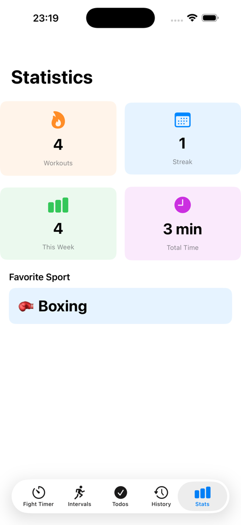 Pantalla de estadísticas de Box Interval Timer que muestra recuentos de entrenamiento y racha de entrenamiento