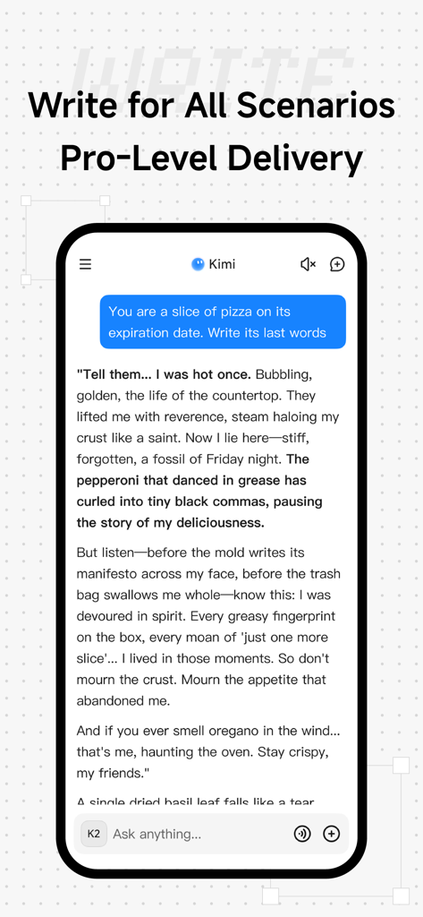 Mobile app interface of Kimi AI generating creative and professional level content.