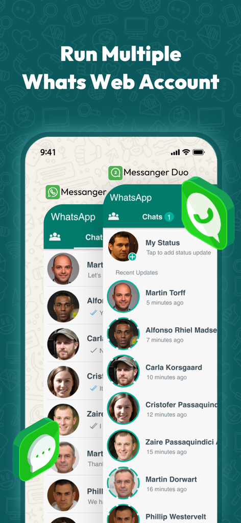 Interface of WA Dual Messenger showing multiple WhatsApp Web accounts on one smartphone