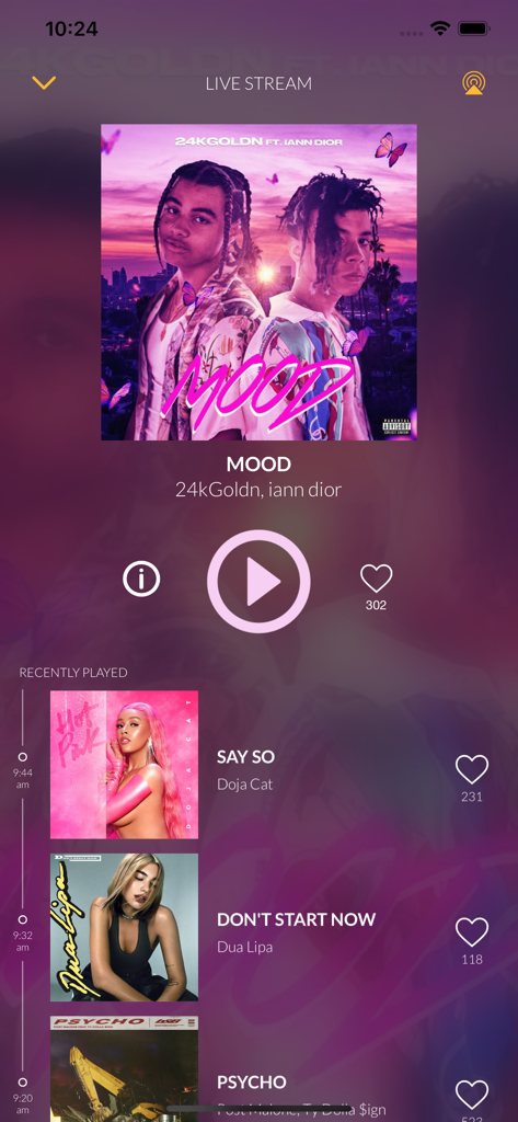 Live stream interface of the MOViN 92.5 radio app displaying the current song and recently played tracks