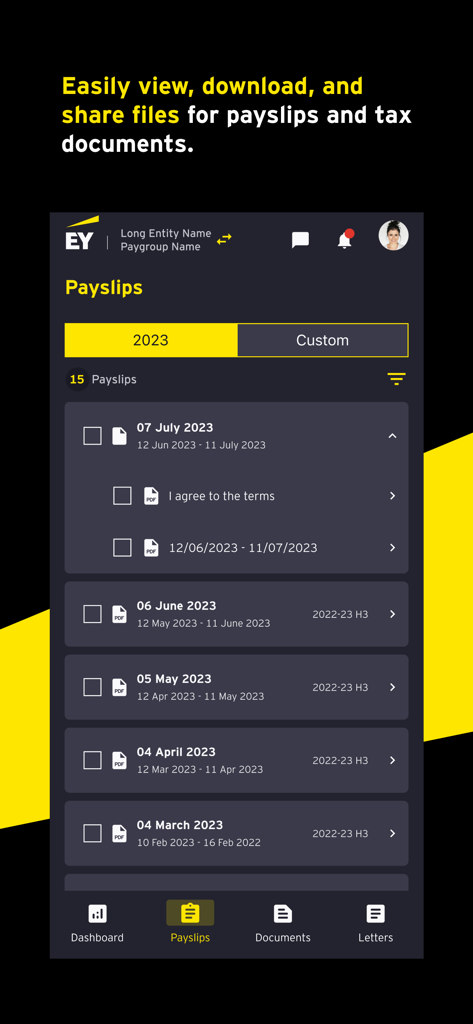 EY Interact Payroll - EY Interact Payroll app interface showing a list of monthly payslips for an employee