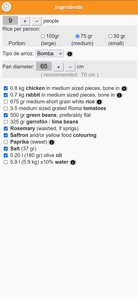 Paella Infalible - Ingredient calculator screen for Paella Infalible app showing quantities for nine people