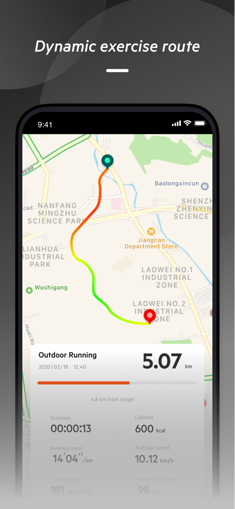 Ryze Connect - Ryze Connect app interface showing a colorful GPS route on a map for outdoor running with distance and calorie data.