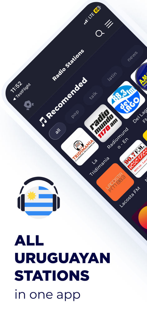Radio Uruguay - Radio Online - Mobile app interface showing recommended Uruguayan radio stations and flag icon