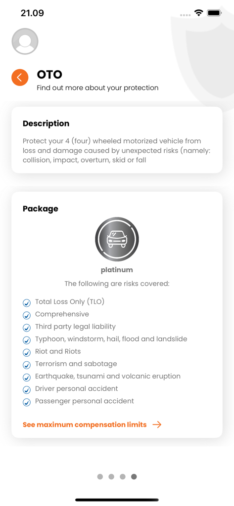 BRINS MOBILE - Screenshot of the BRINS MOBILE app displaying details for the OTO platinum vehicle insurance package with comprehensive coverage options