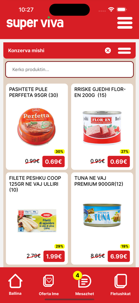 Super Viva - Ofertat online - Super Viva app interface showing discounted grocery items like canned meat and tuna