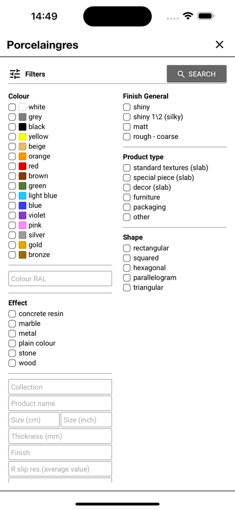Porcelaingres - Advanced search interface in the Porcelaingres app displaying filters for ceramic slab color, effect, finish, and shape