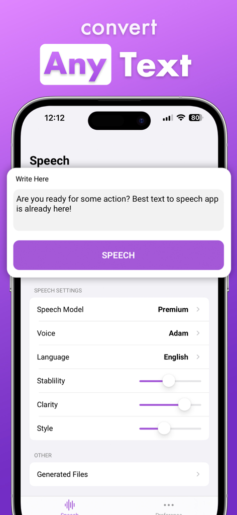 T2S - Voice Changer - Una pantalla de aplicación móvil que muestra la interfaz de texto a voz de T2S donde los usuarios pueden escribir texto y personalizar la configuración de voz IA como claridad y estilo