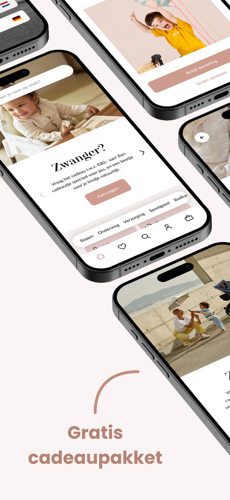 Babypark-App-Oberfläche, die ein kostenloses Geschenkpaketangebot für werdende Eltern und Einkaufskategorien für Baby-Ausstattung anzeigt