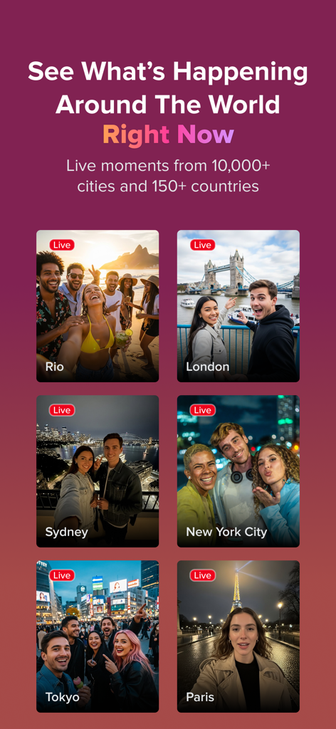 Atmosfy: Meet Your City - A collection of live video thumbnails from cities like London, Paris, and Tokyo showcasing local experiences on the Atmosfy app.