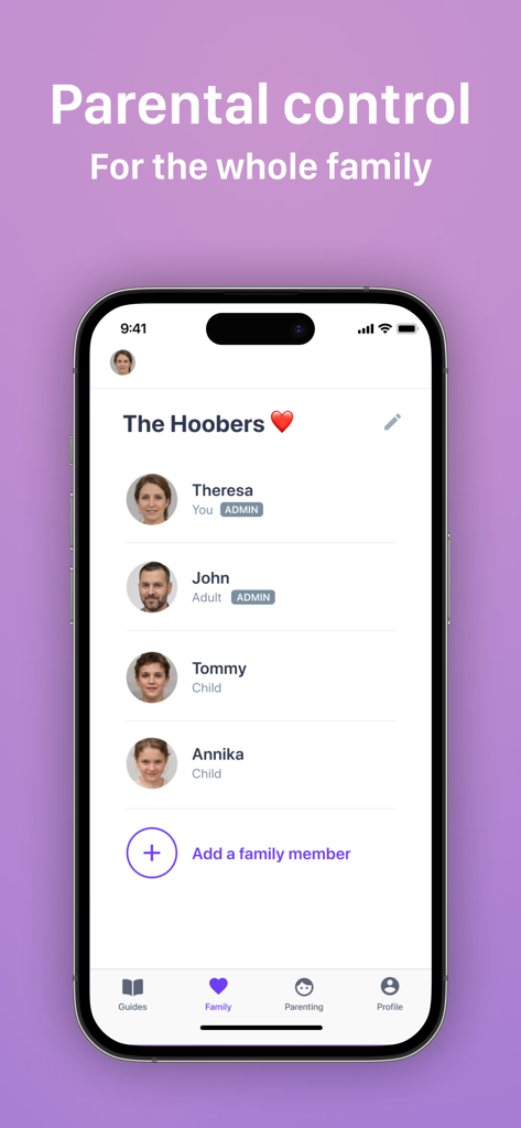 Ohana parental control app interface showing a family dashboard with parent and child profiles.