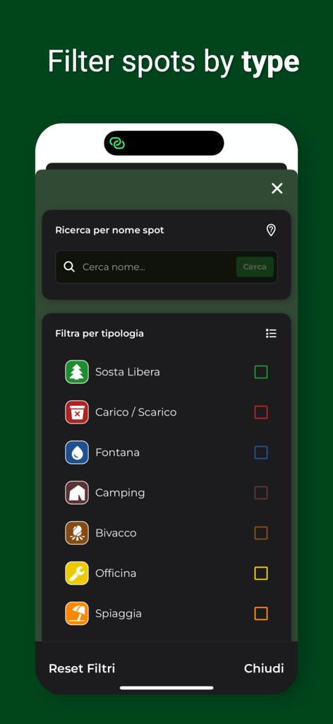Mappa Magica - Mappa Magicaアプリのインターフェース。ワイルドキャンプ、キャンプ、ビーチなどのカテゴリで旅行場所をフィルタリングするメニューを表示しています。