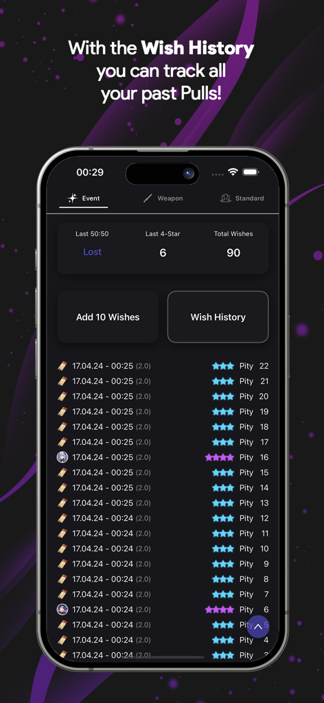 HSR WishCounter - HSR WishCounter app interface displaying gacha pull history and pity tracker statistics