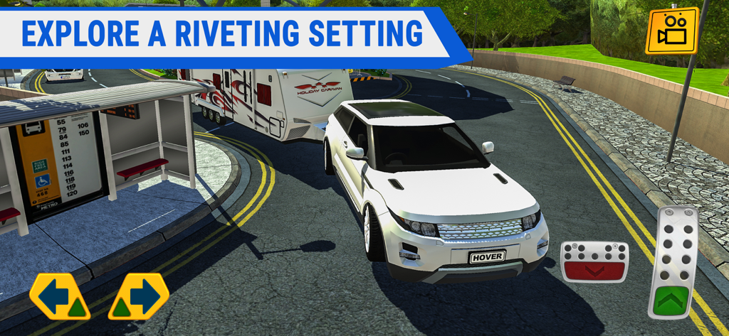 A white SUV driving in an outdoor city environment near a bus stop in the Multi Floor Garage Driver game.